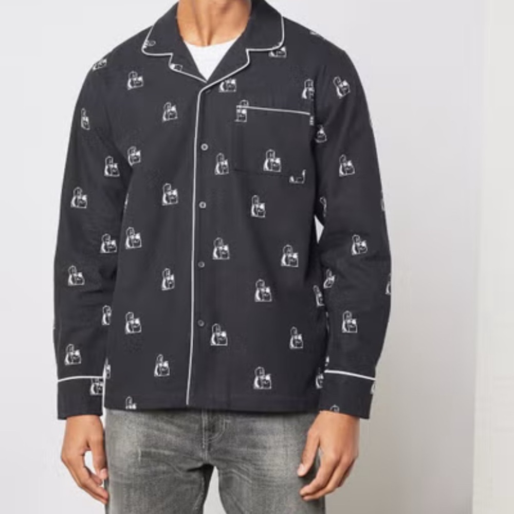 HUF Remio Dog Flannel Long Sleeve Shirt Black White Print Mens Button Up Top.
